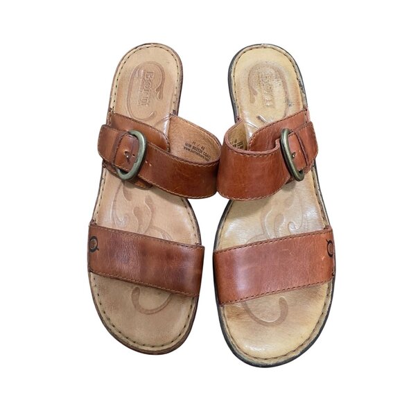 Born Women's Brown Leather Slide Y2k Sandals Adjustable Buckle Strap Size 11 - Picture 1 of 11